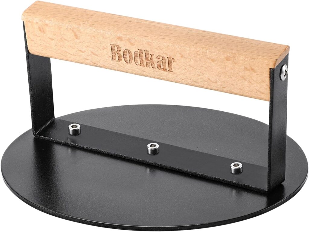 bodkar Smash Burger Press 6 inch, Round Burger Smasher Grill Press for Griddle Bacon Press Meat Steak Press with Wood Handle