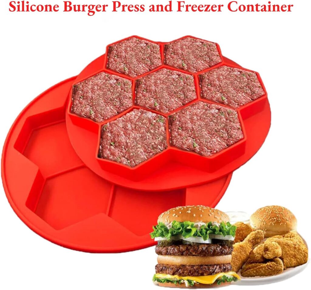 Hamburger Silicone Mold, 7 in 1 Hamburger Patty Maker Mold, Silicone Burger Press and Freezer Container Mold, Non-Stick Hexagonal Stuffed Burger Mold for Making Freezing Grilling Cooking Patties Red
