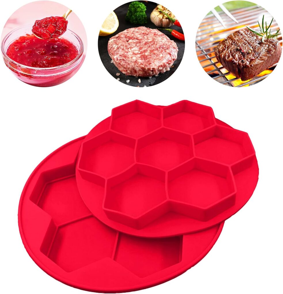 Hamburger Silicone Mold, 7 in 1 Hamburger Patty Maker Mold, Silicone Burger Press and Freezer Container Mold, Non-Stick Hexagonal Stuffed Burger Mold for Making Freezing Grilling Cooking Patties Red