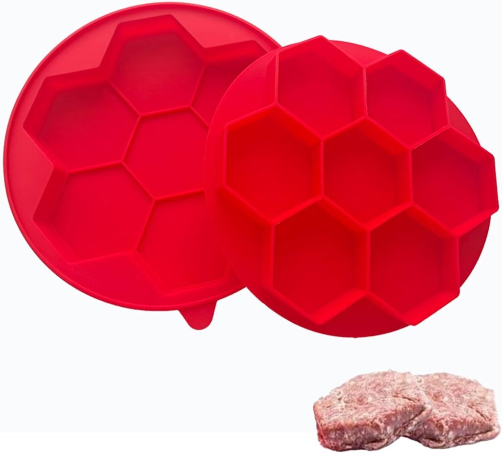 Mekek 7 in 1 Hamburger Silicone Mold, Non-Stick Food Grade Hexagonal Hamburger Patty Maker Press, Shape,  Freeze Container