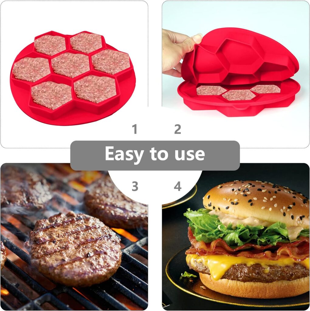 Mekek 7 in 1 Hamburger Silicone Mold, Non-Stick Food Grade Hexagonal Hamburger Patty Maker Press, Shape,  Freeze Container