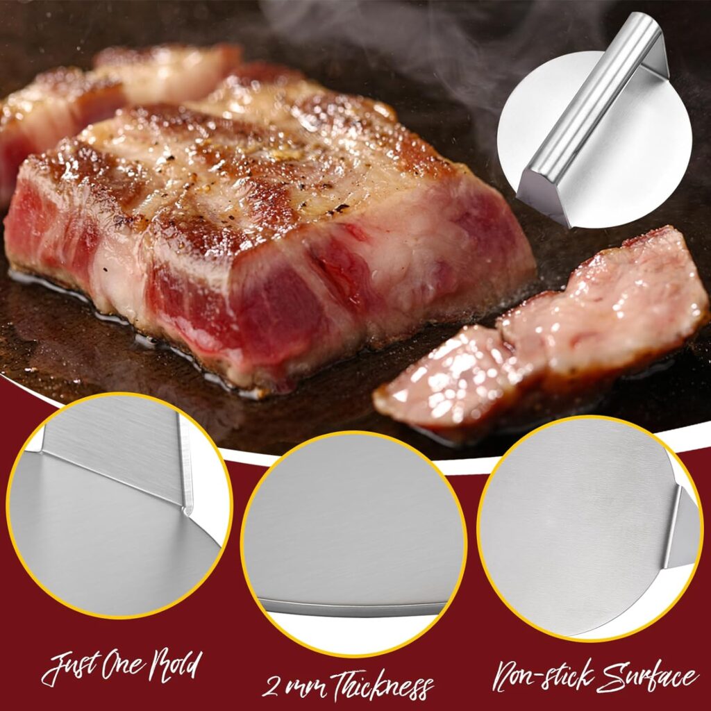 PMYEK Smash Burger Press, 5.5inch Round Non-Stick Stainless Steel Burger Press Professional Burger Smasher for Griddle, Professional Griddle