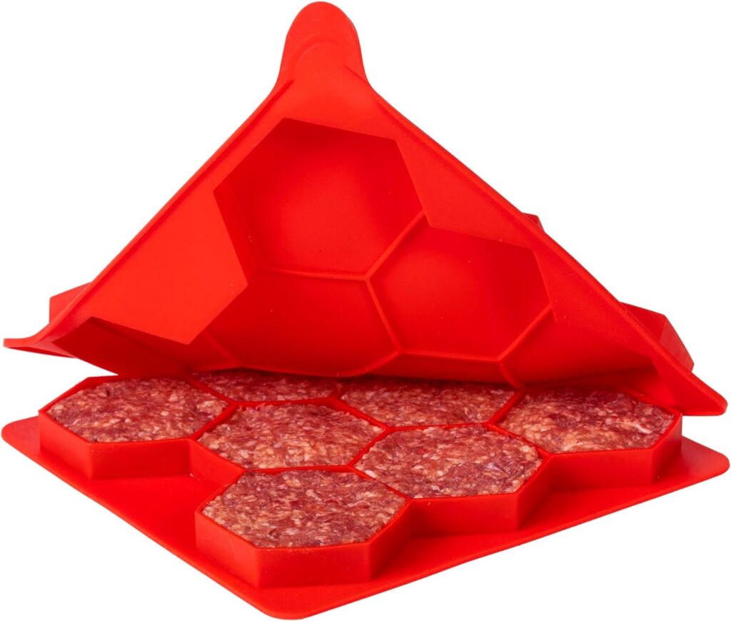 ANGELYCIA Burger Mold 8 in 1 | Meatball Maker | Hamburger Slider Silicone Mold | Hexagonal Hamburger Patty Maker | Ingenious Non-Stick Burger Press and Freezer Storage