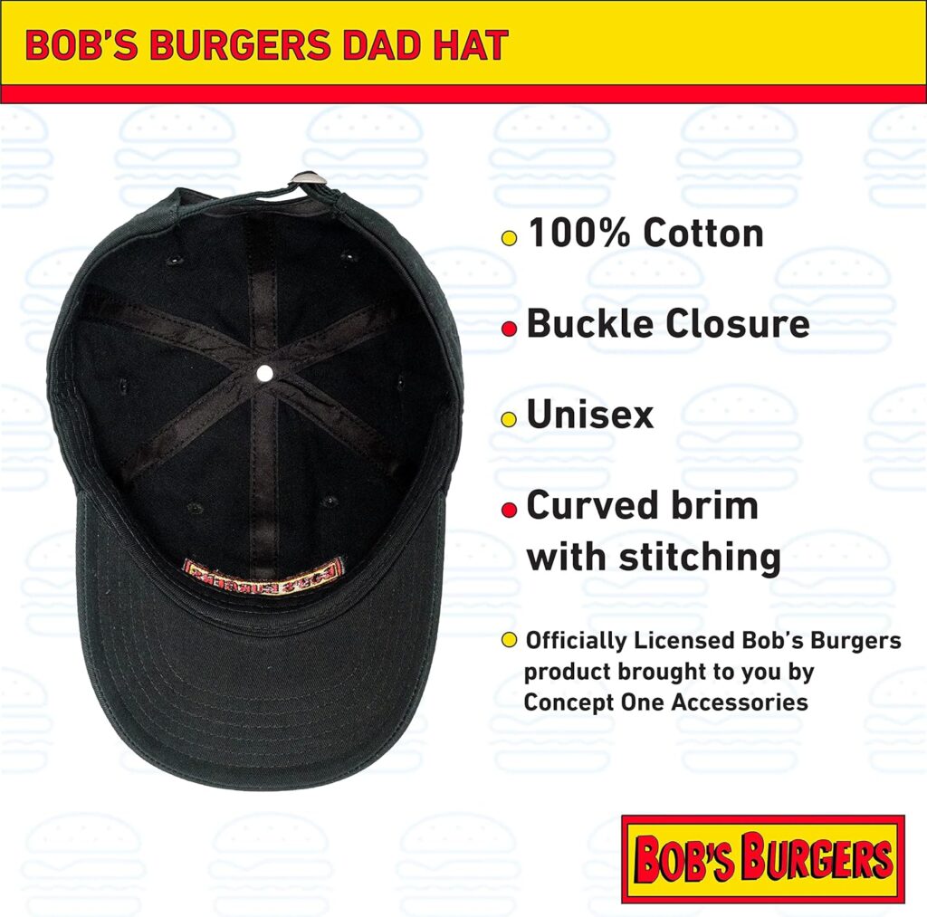 Concept One Bobs Burgers Embroidered Logo Cotton Adjustable Dad Hat with Curved Brim, Black, One Size Concept One Bobs Burgers Embroidered Logo Cotton Adjustable Dad Hat with Curved Brim, Black, One Size