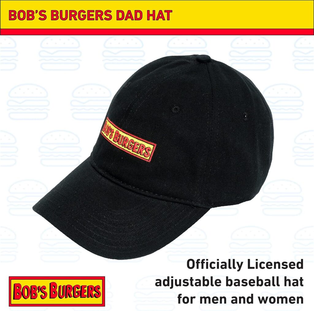 Concept One Bobs Burgers Embroidered Logo Cotton Adjustable Dad Hat with Curved Brim, Black, One Size Concept One Bobs Burgers Embroidered Logo Cotton Adjustable Dad Hat with Curved Brim, Black, One Size