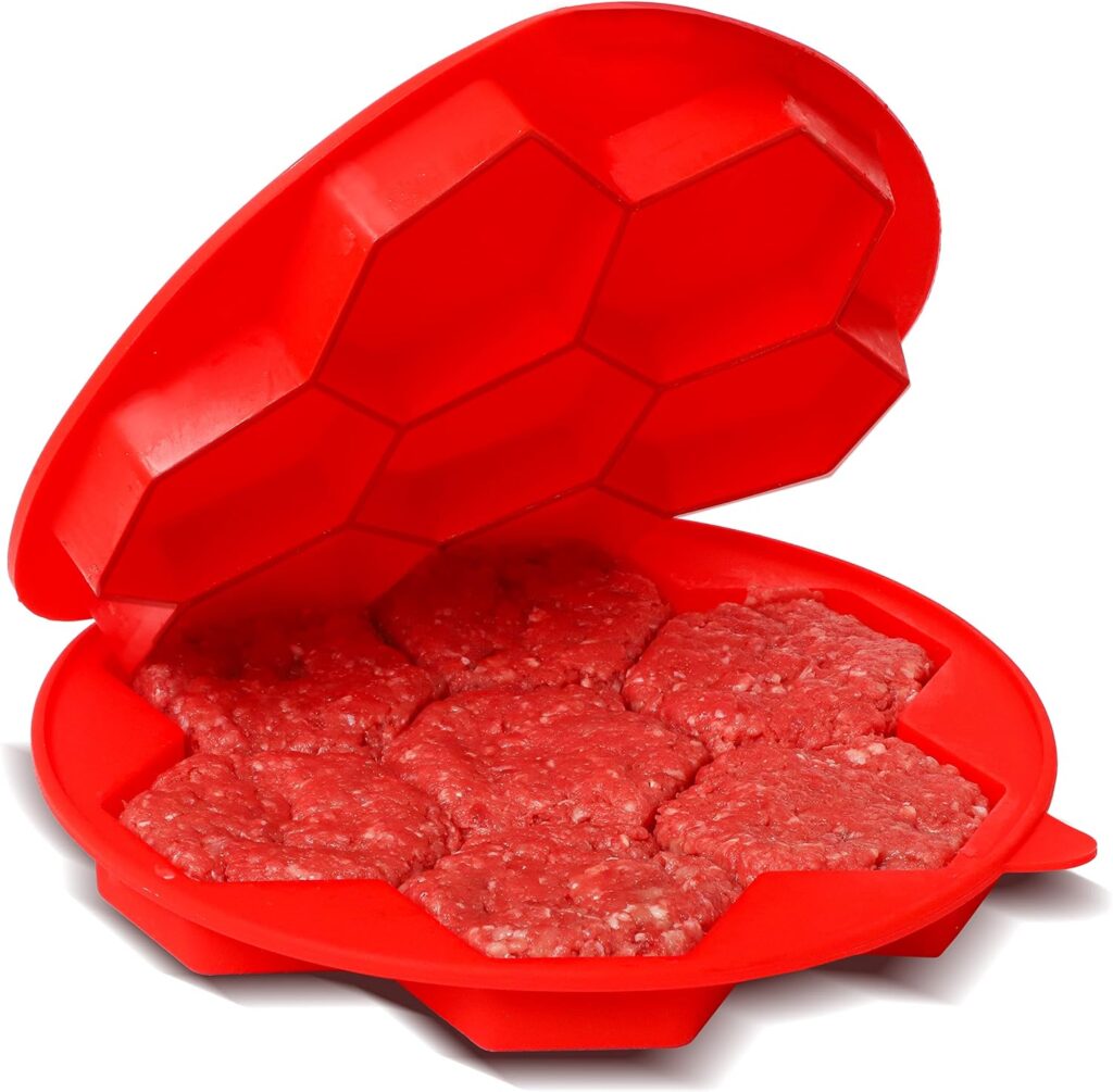 CUISINERITE - 7 in 1 Hamburger Slider Silicone Mold Hexagonal Patty Maker Press, Shape,  Freeze Non-Stick Stuffed Burger to Make Patties for Freezing, Grilling, Cooking Red, 9 round