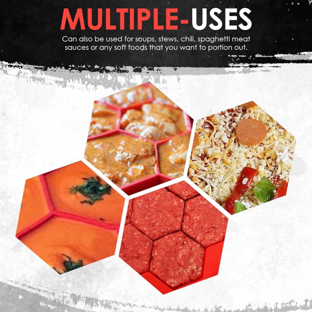 CUISINERITE - 7 in 1 Hamburger Slider Silicone Mold Hexagonal Patty Maker Press, Shape,  Freeze Non-Stick Stuffed Burger to Make Patties for Freezing, Grilling, Cooking Red, 9 round