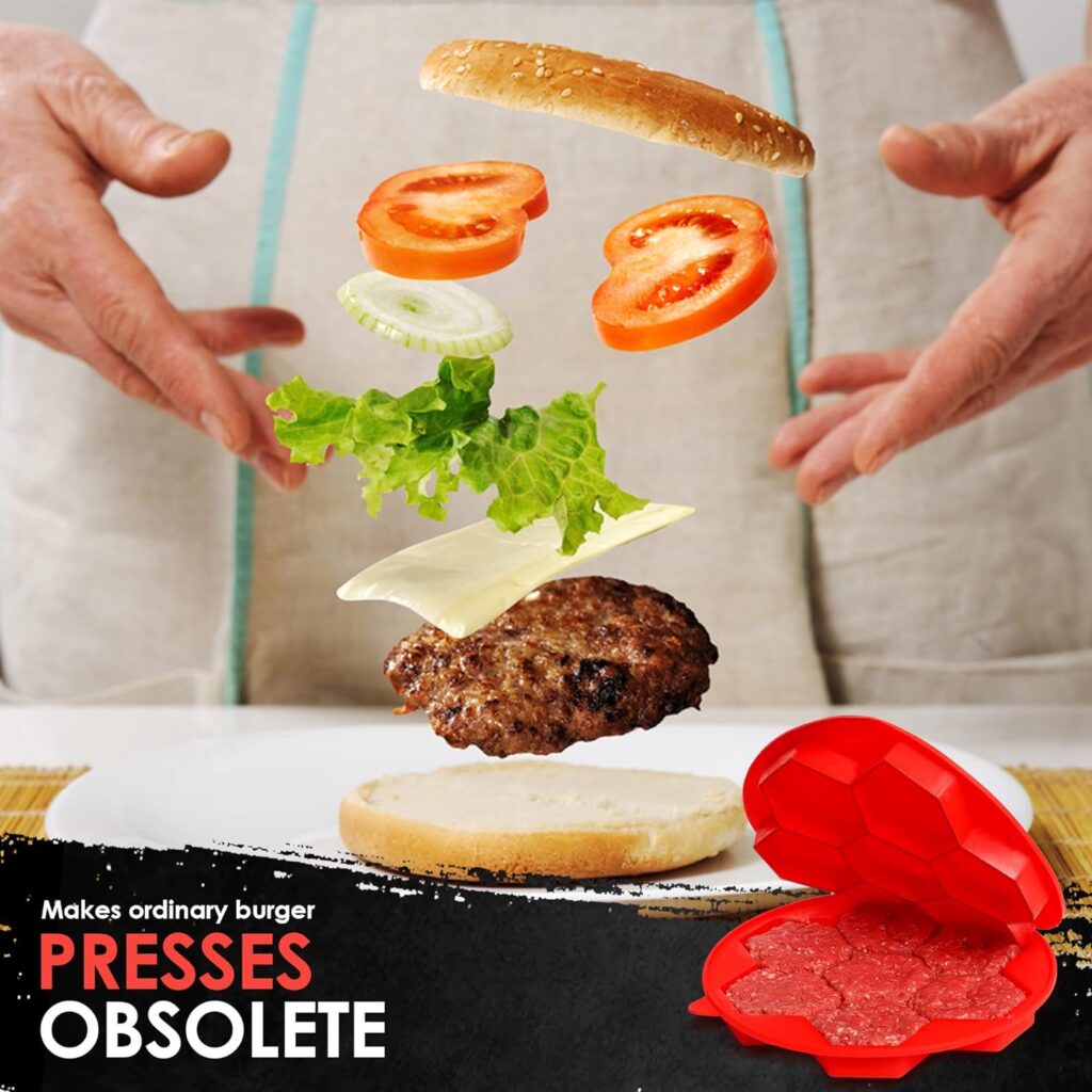 CUISINERITE - 7 in 1 Hamburger Slider Silicone Mold Hexagonal Patty Maker Press, Shape,  Freeze Non-Stick Stuffed Burger to Make Patties for Freezing, Grilling, Cooking Red, 9 round