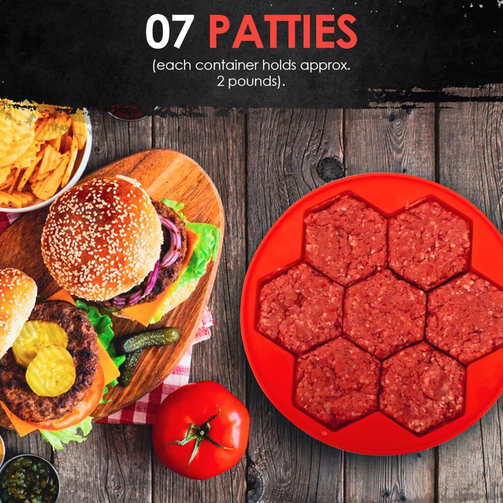 CUISINERITE - 7 in 1 Hamburger Slider Silicone Mold Hexagonal Patty Maker Press, Shape,  Freeze Non-Stick Stuffed Burger to Make Patties for Freezing, Grilling, Cooking Red, 9 round