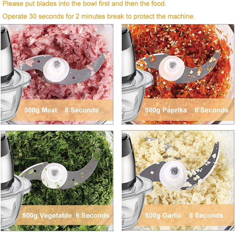 Electric Food Chopper, 5-Cup Food Processor by Homeleader, 1.2L Glass Bowl Grinder for Meat, Vegetables, Fruits and Nuts, Stainless Steel Motor Unit and 4 Sharp Blades, 300W Electric Food Chopper, 5-Cup Food Processor by Homeleader, 1.2L Glass Bowl Grinder for Meat, Vegetables, Fruits and Nuts, Stainless Steel Motor Unit and 4 Sharp Blades, 300W