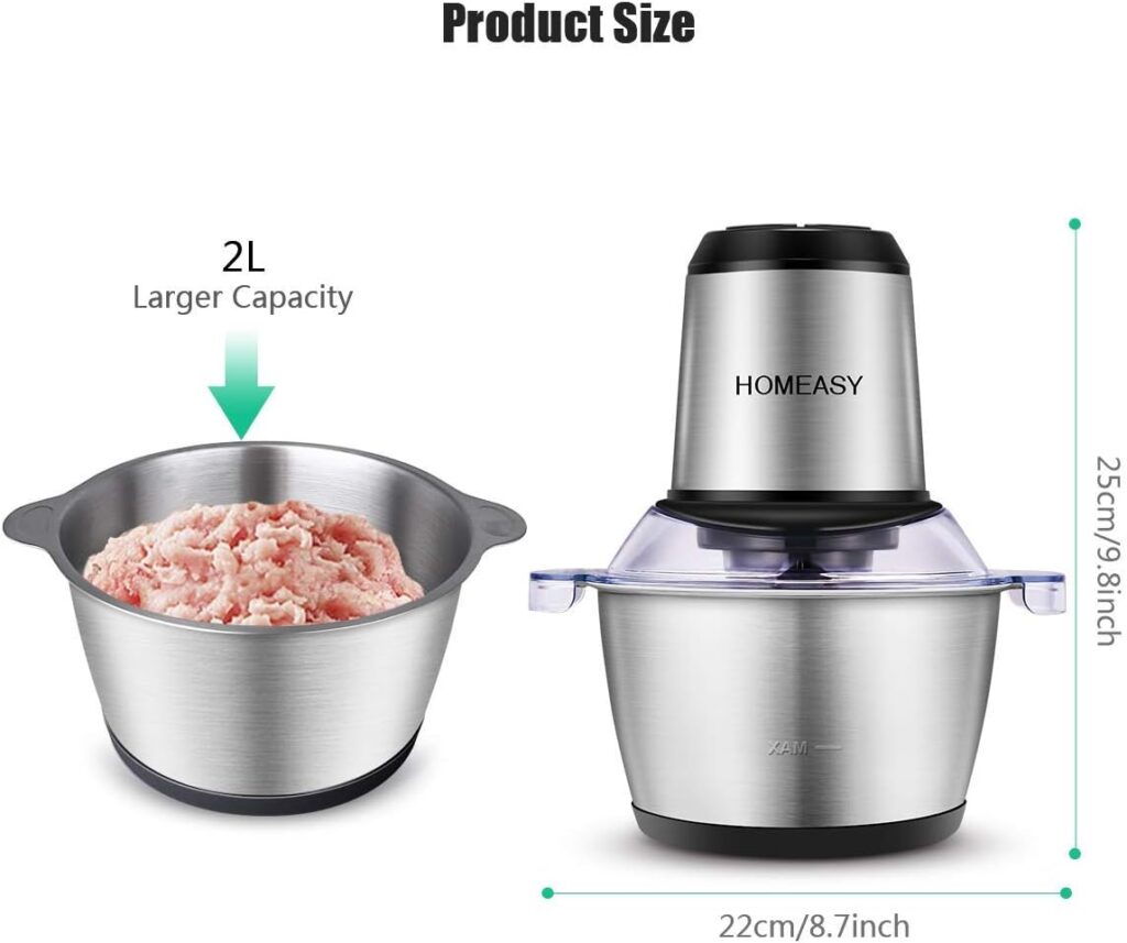 HOMEASY Meat Grinder Electric, Food Processor 2L Stainless Steel Meat Blender Food Chopper for Meat, Vegetables, Fruits and Nuts with 4 Sharp Blades, 350W, 8 Cups, 110V