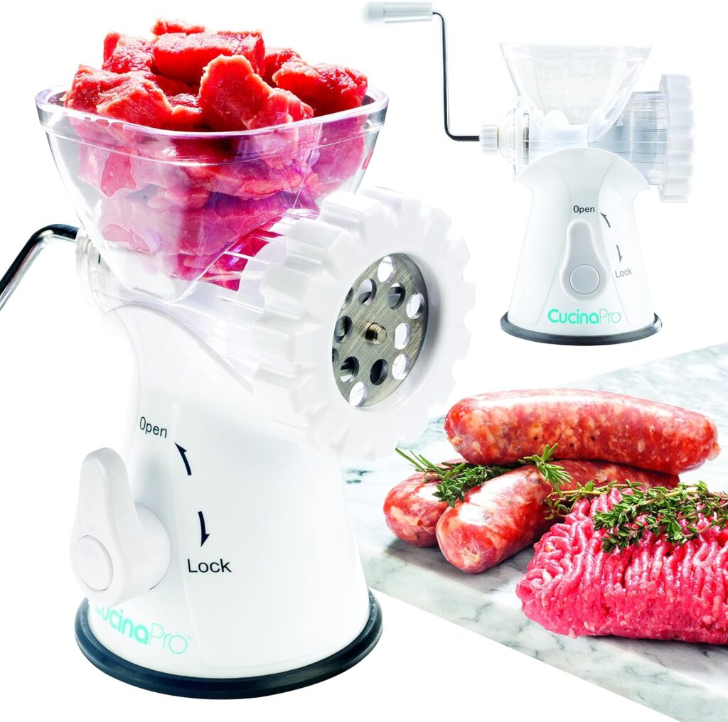 Manual Meat Grinder - Mincer w 2 Stainless Steel Plates, Sausage Attachment, Press, Heavy Duty Suction Base and Dishwasher Safe Design- Make Homemade Sausage, Ground Beef Burger Patties or Hamburgers