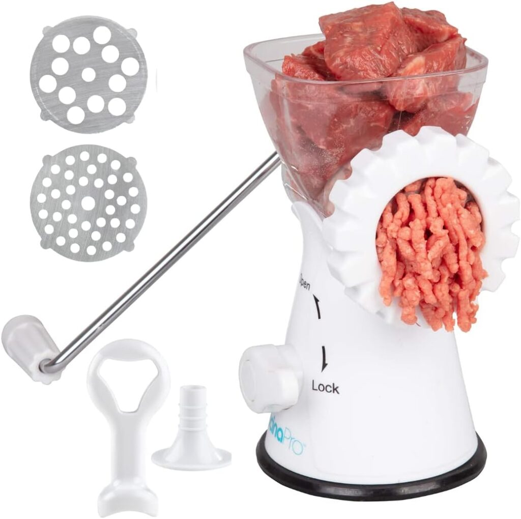 Manual Meat Grinder - Mincer w 2 Stainless Steel Plates, Sausage Attachment, Press, Heavy Duty Suction Base and Dishwasher Safe Design- Make Homemade Sausage, Ground Beef Burger Patties or Hamburgers