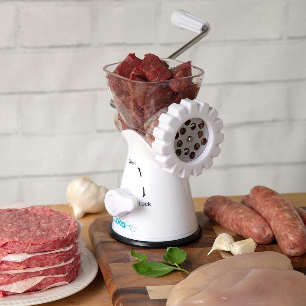 Manual Meat Grinder - Mincer w 2 Stainless Steel Plates, Sausage Attachment, Press, Heavy Duty Suction Base and Dishwasher Safe Design- Make Homemade Sausage, Ground Beef Burger Patties or Hamburgers