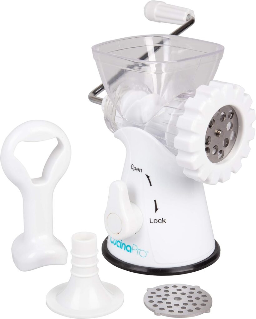 Manual Meat Grinder - Mincer w 2 Stainless Steel Plates, Sausage Attachment, Press, Heavy Duty Suction Base and Dishwasher Safe Design- Make Homemade Sausage, Ground Beef Burger Patties or Hamburgers