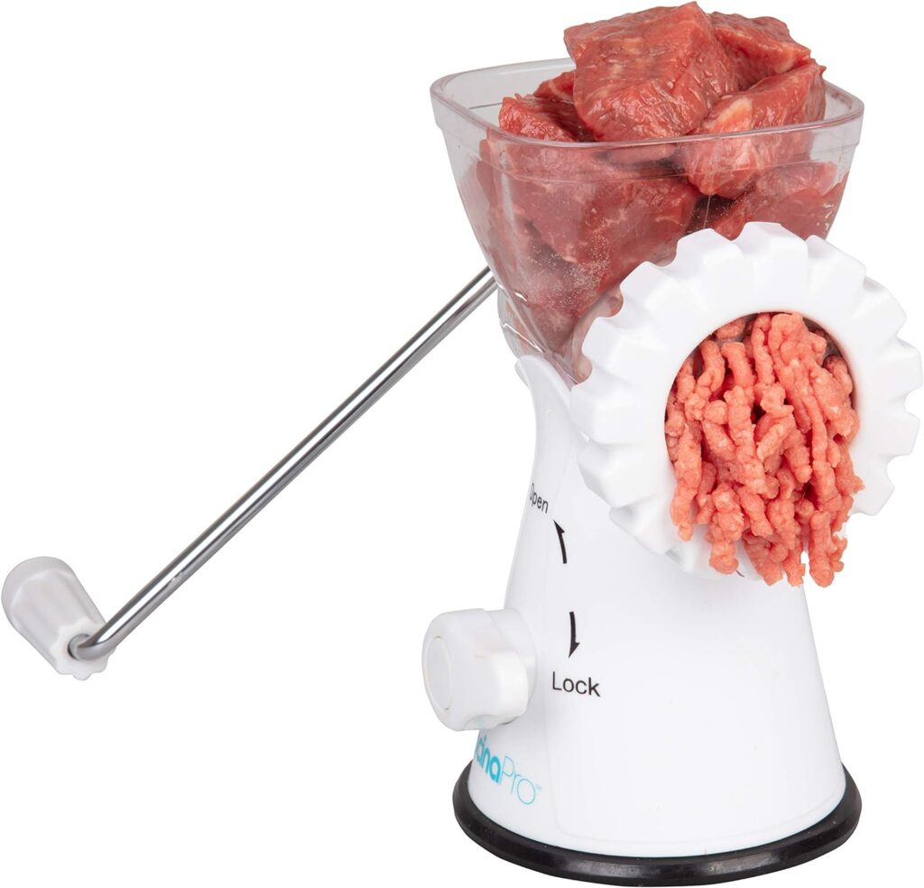 Manual Meat Grinder - Mincer w 2 Stainless Steel Plates, Sausage Attachment, Press, Heavy Duty Suction Base and Dishwasher Safe Design- Make Homemade Sausage, Ground Beef Burger Patties or Hamburgers