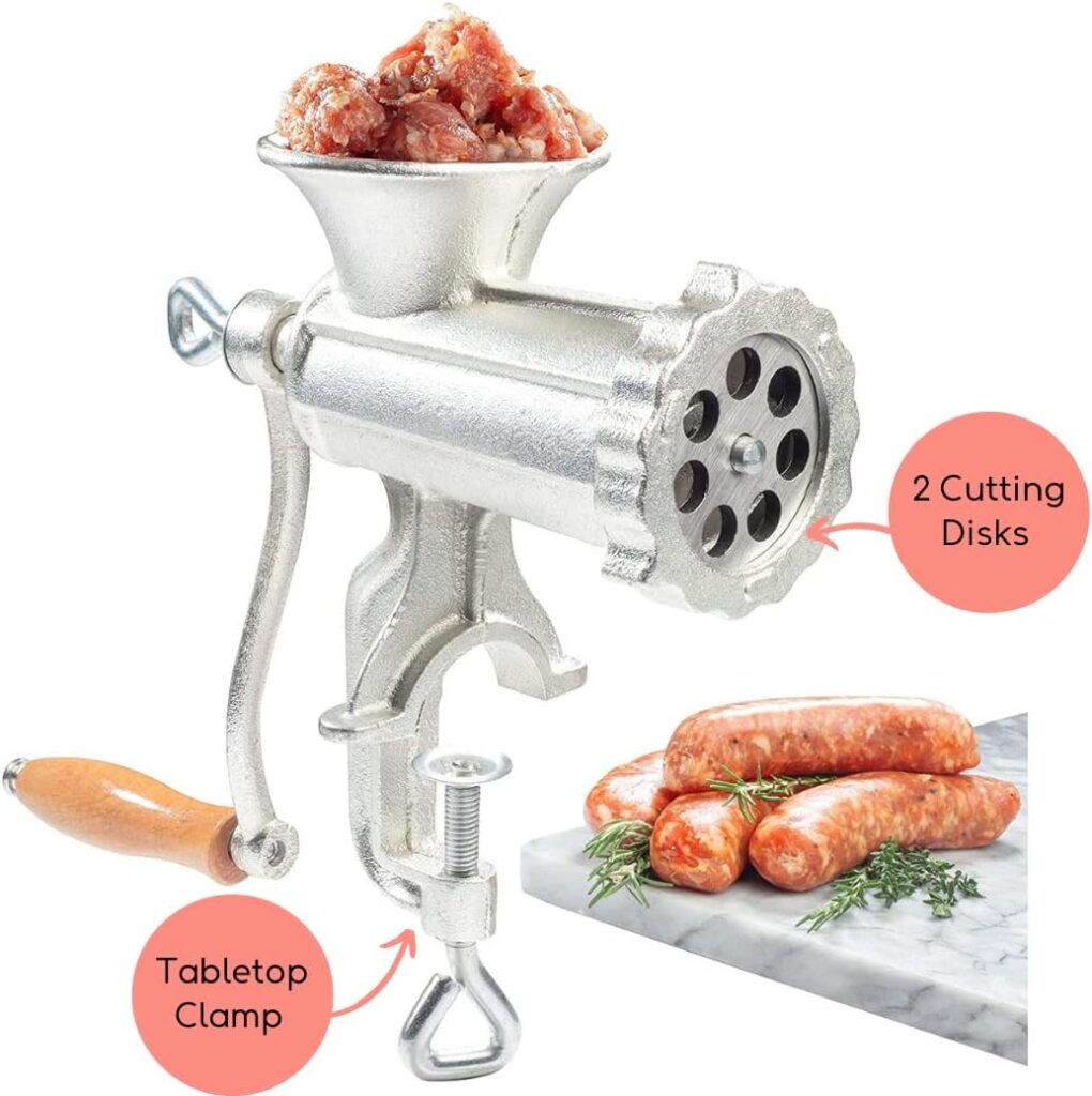 Meat Grinder with Tabletop Clamp  2 Cutting Disks, Cast Iron Heavy Duty Sausage Maker and Manual Meat Mincer - Make Homemade Burger Patties, Ground Beef and More, Portable and Easy to Use
