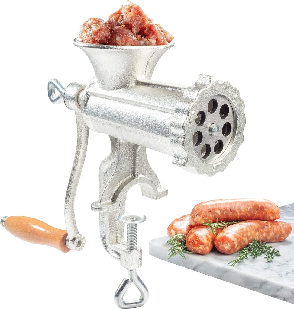 Meat Grinder with Tabletop Clamp  2 Cutting Disks, Cast Iron Heavy Duty Sausage Maker and Manual Meat Mincer - Make Homemade Burger Patties, Ground Beef and More, Portable and Easy to Use