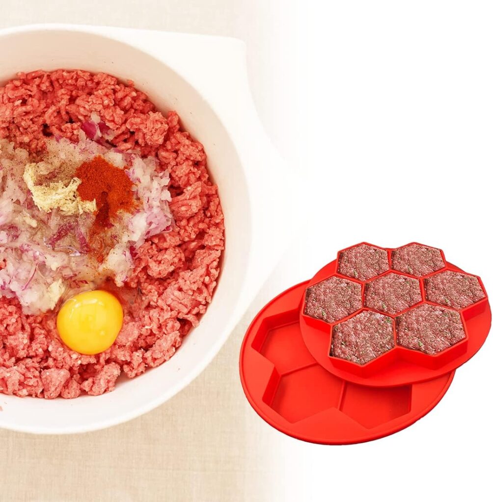 MYLAIM Hamburger Patty Maker,Silicone Burger Press And Freezer Container,7 In 1 Small Multiple Burger Shaper Mold,Meat Slider Shape Trays,Ground Beef Freezer Storage Containers