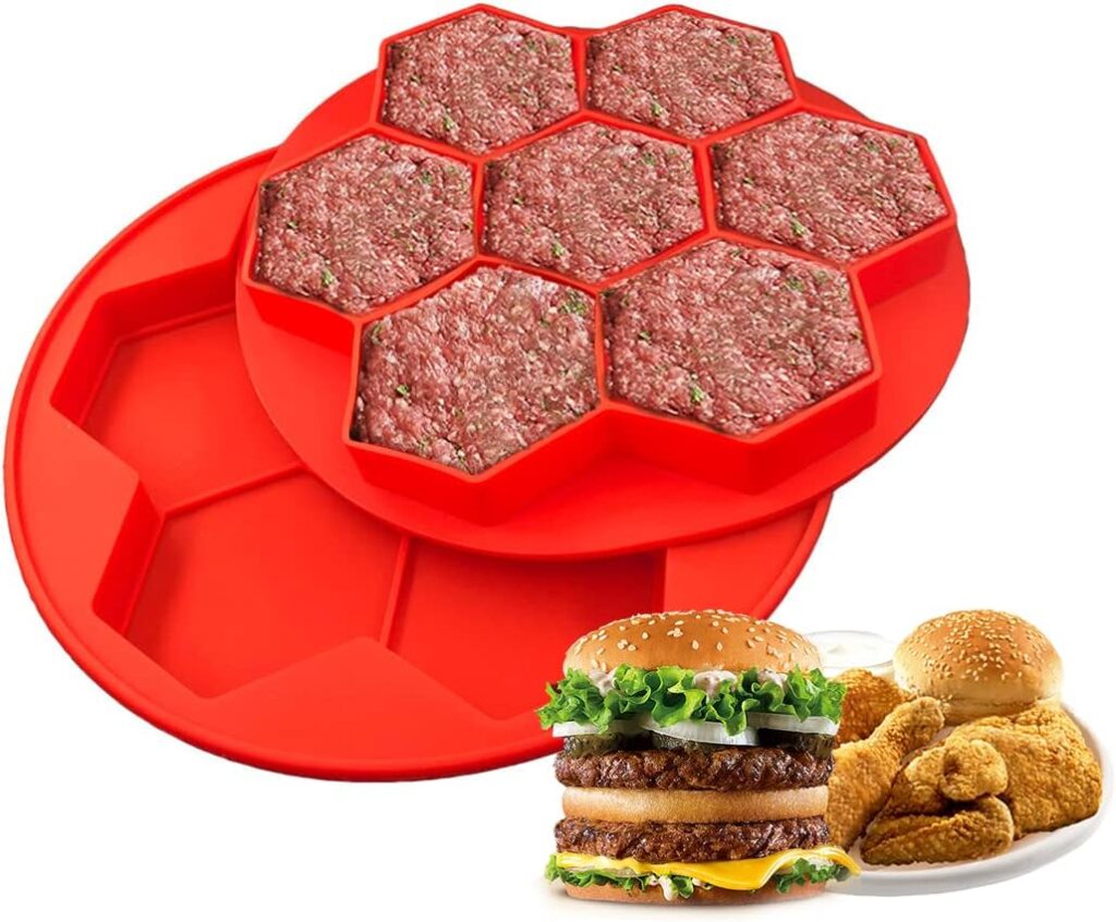 MYLAIM Hamburger Patty Maker,Silicone Burger Press And Freezer Container,7 In 1 Small Multiple Burger Shaper Mold,Meat Slider Shape Trays,Ground Beef Freezer Storage Containers