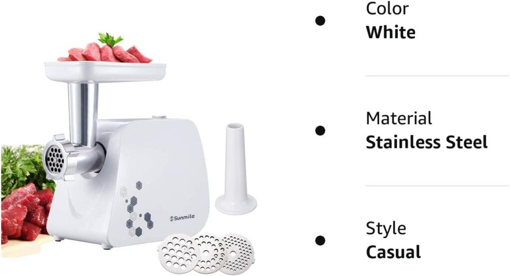 Sunmile Electric Meat Grinder and Sausage Maker - 1HP 1000W Max - Stainless Steel Cutting Blade and 3 Grinding Plates,1 Big Sausage Staff Maker (White)